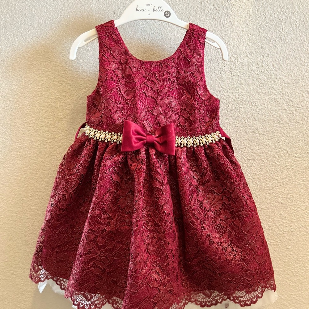 Toddler Girl Burgundy Lace Dress with Bow